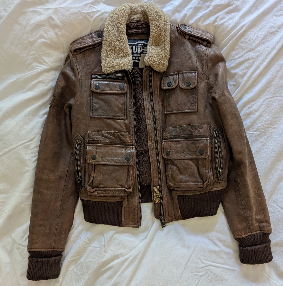 SuperDry Brown Leather Bomber Jacket SZ L